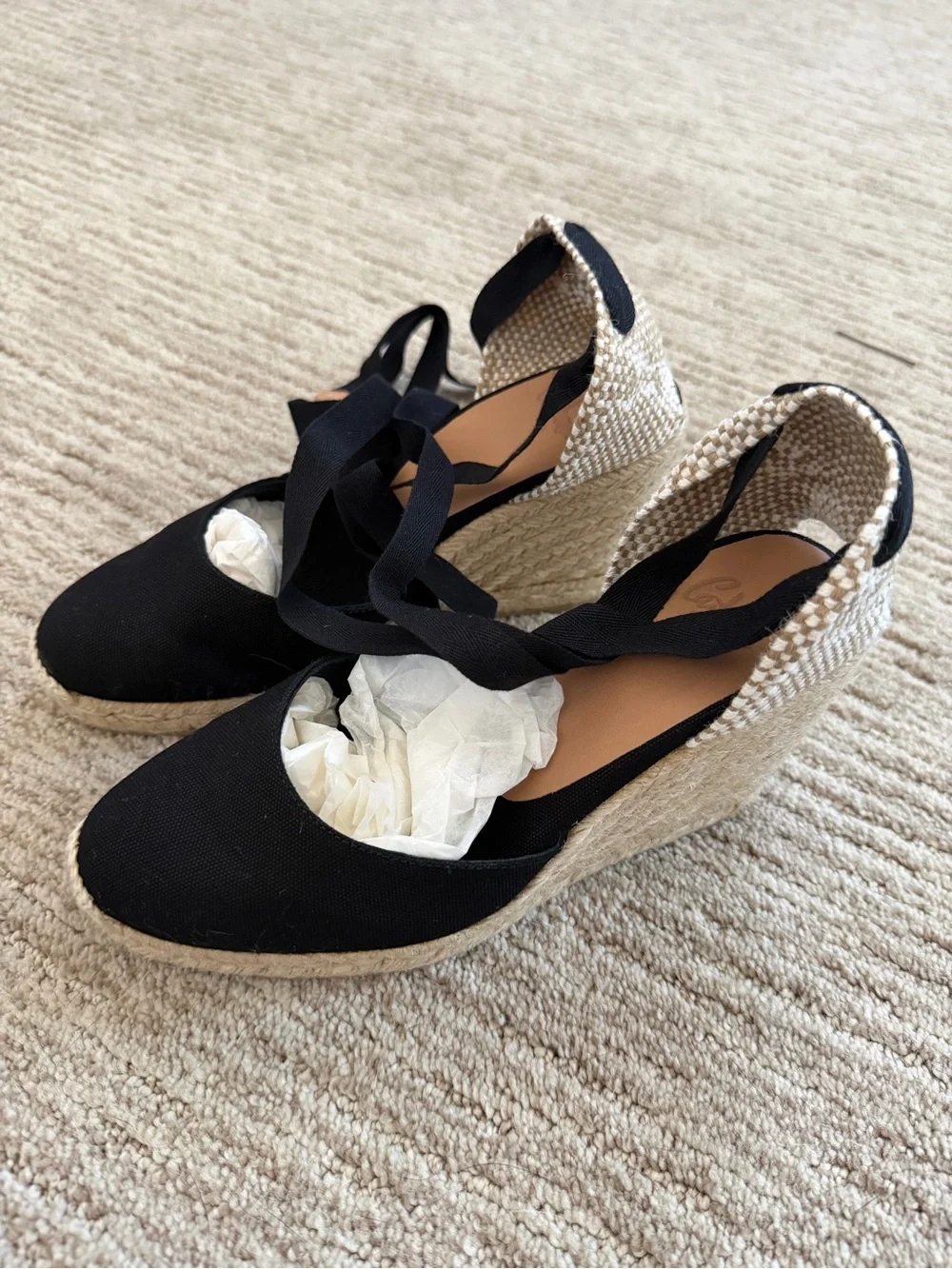 Castaner Black Canvas Espadrille Wedge Ankle-Tie Sandals